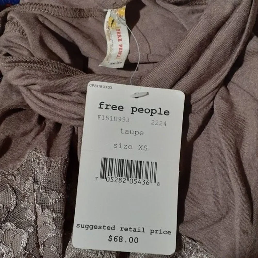 Free People Women’s Lace Trim Turtleneck Blouse Top Taupe Size XS